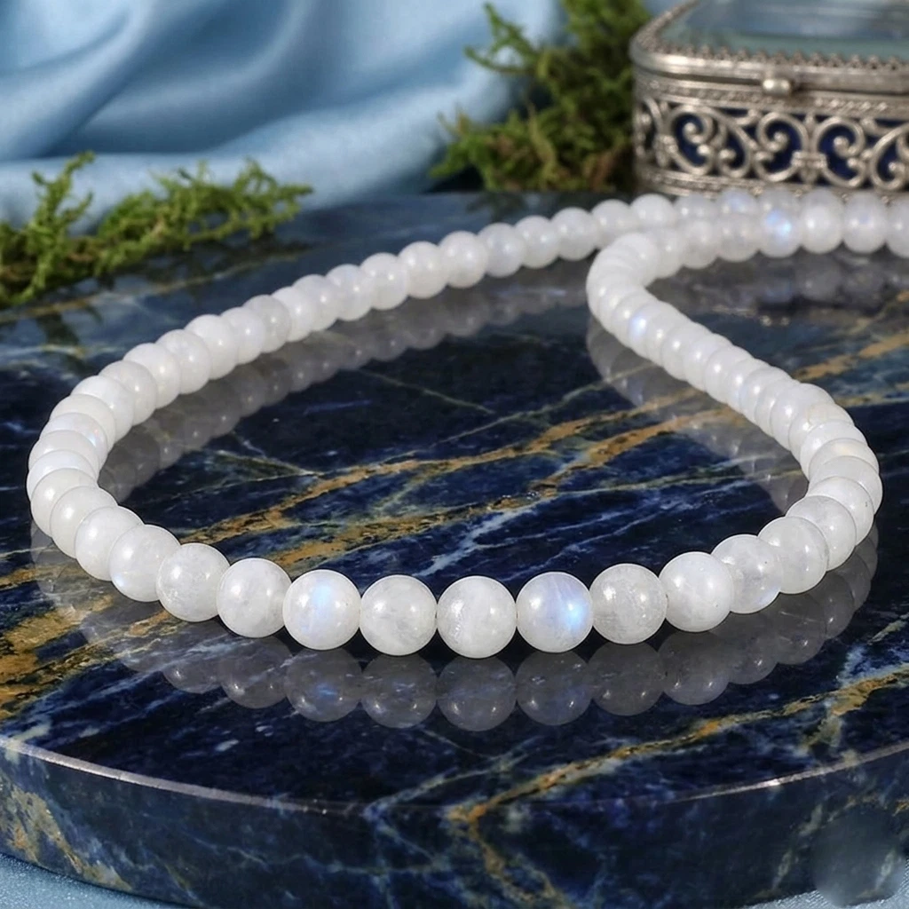 Blue Flashy Moonstone 4-6MM Smooth Round Gemstone Beaded Men Women Necklaces 18" image 7