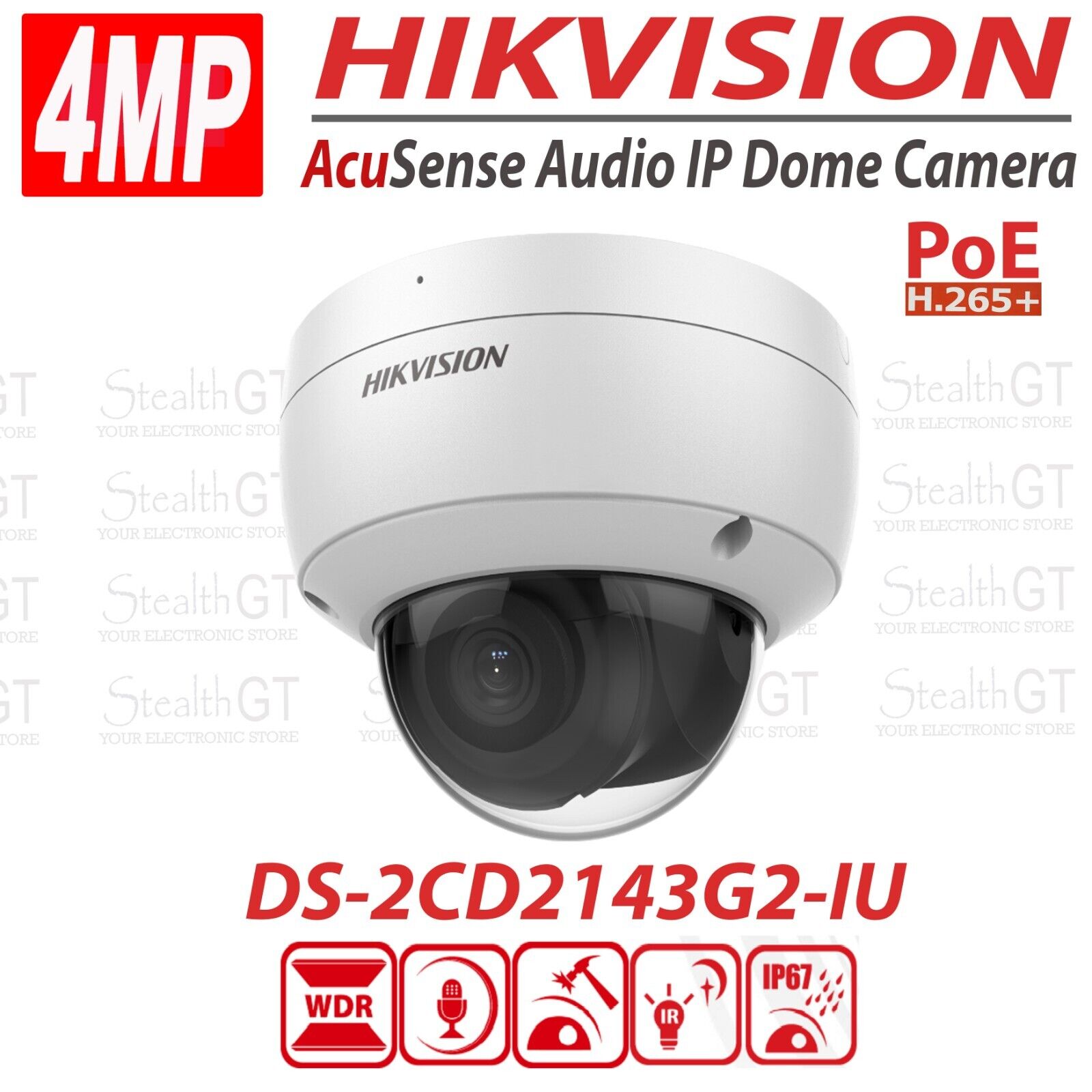 Hikvision AcuSense DS-2CD2143G2-IU 4MP Audio Netword Dome Camera PoE H.265+