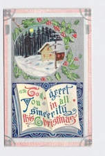 Holiday Postcard Christmas Holly Candles Greenery Snow Covered Landscape Emboss