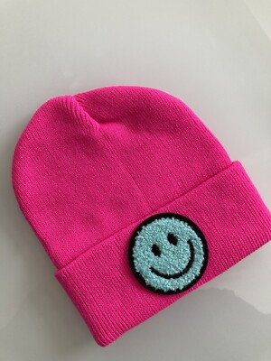 Children s Happy Face Winter Hat Beanie Hot Pink & Sky Blue Boys & Girl