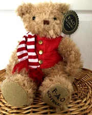 F.A.O Schwarz Teddy Bear 12.5" Plush Brown Stuffed Red Puffer Vest-Scarf  NWT