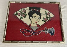 VTG Needlepoint Japanese Fan Geisha COMPLETED FINISHED FRAMED 16"X22"