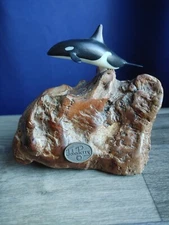 John Perry Orca Killer Whale Art Sculpture on Burl Wood Base Marine Collectible