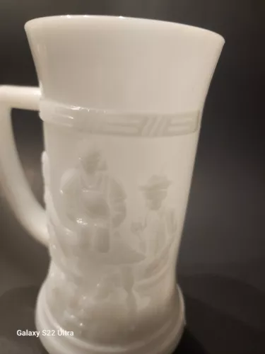 Vintage Rare Federal Milk Glass Beer Mug Stein Cup White Tavern Scene 6” Tall