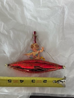Vintage Modern Wire Wrapped Blown Glass Christmas Ornament Cherub Ship READ