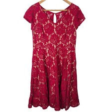 Taylor Red Lace Overlay Fit Flare Dress Keyhole Neck Back Zip Womens Size 10
