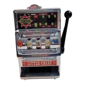 Little Chief Slot Machine Bank Vintage Style Chrome Silver Black Retro Toy WORKS