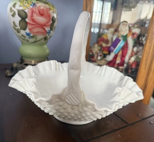 Large Fenton 10in Hobnail Milk Glass Ruffled Basket