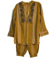Tory Burch Set Women Sequin Embellished Yellow & Ivory Cotton Tunic 8 & Pants 6
