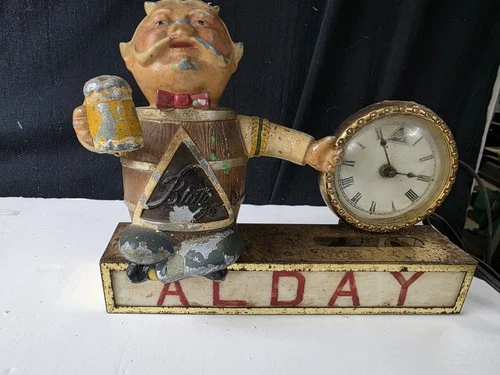 Vtg Metal 1950s Blatz Beer Barrel Man Advertising Bar Lighted Sign & Clock Works