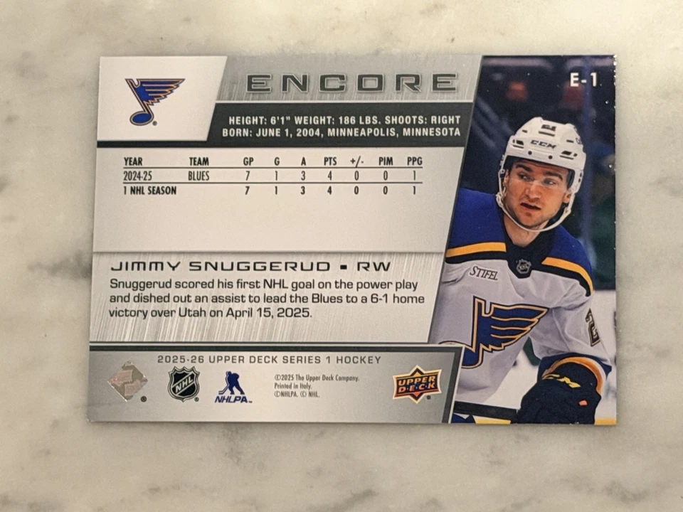 2025-26 Upper Deck Series 1 Jimmy Snuggerud Encore #E-1 St. Louis Blues Rookie - Image 2 of 2
