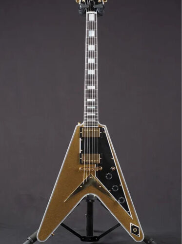 Chitarra Elettrica Flying V Personalizzata Oro Scintillante Mogano Corpo&Collo 6 Corde MAD