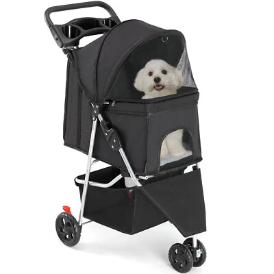 OLIXIS Pet Stroller Storage Basket Cup Holder Foldable Small to Medium Cat Dog 3-Wheel