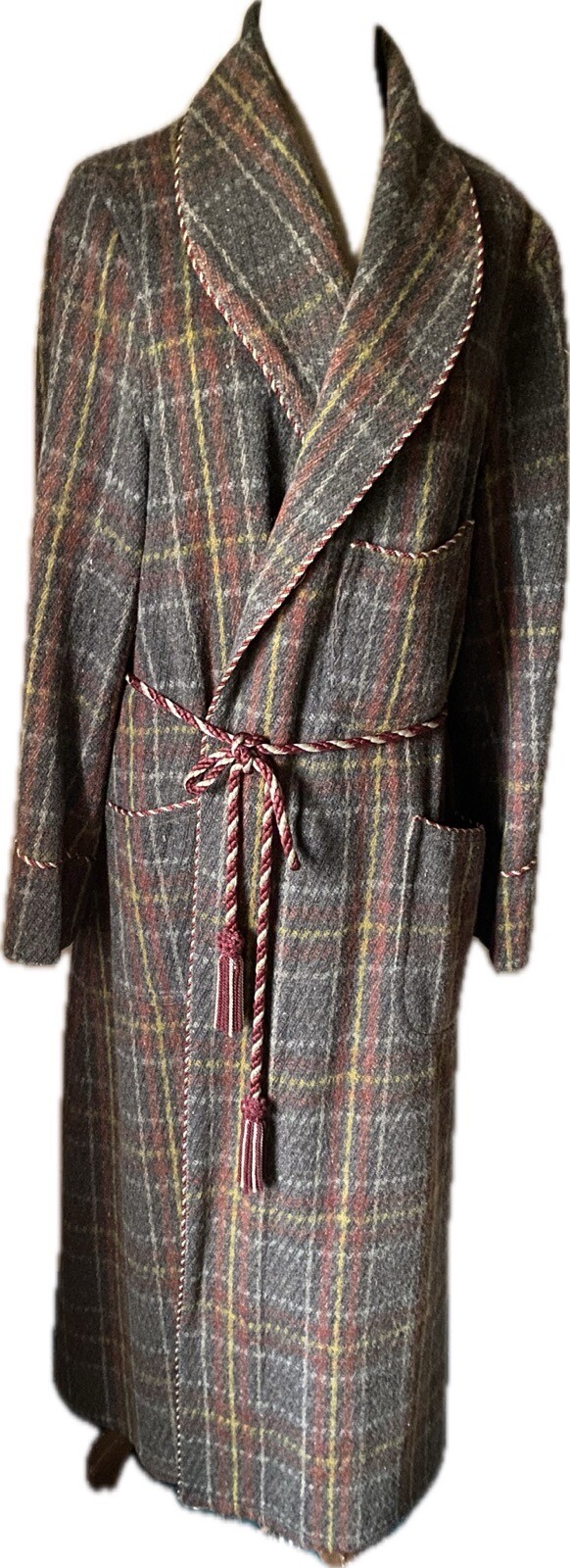 Mens Vintage Dressing Gown Plaid Robe Wool House Coat Smoking Jacket