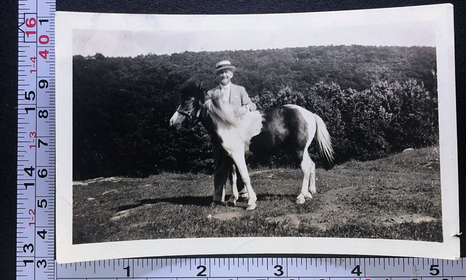 Piccolo cavallo o pony in miniatura uomo sorridente con cappello foto vintage istantanea