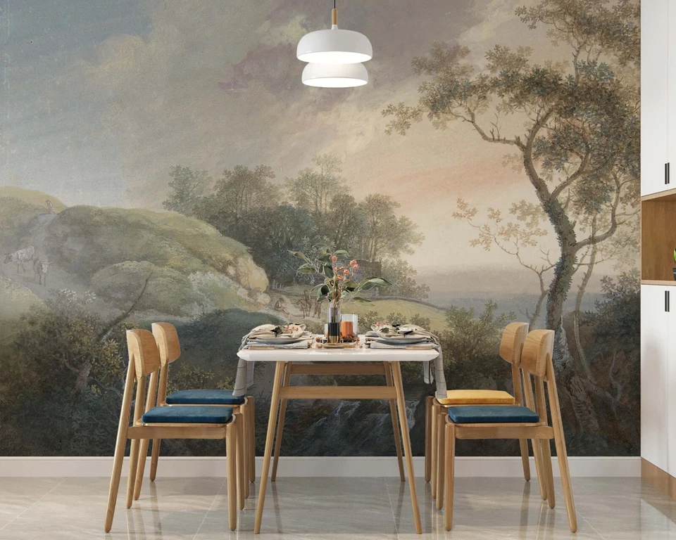 Pintura rural retrô papel de parede estilo vitoriano vista do vale murais históricos - Imagem 4 de 4