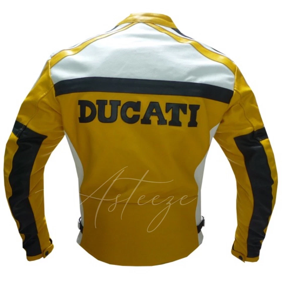 Men's Motorcycle Motorbike Jacket Ducati Biker Leather Coat Yellow Racing Gear - Image 4 of 4