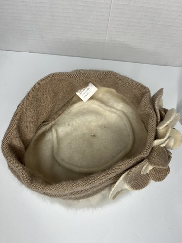 Cappello invernale donna lana pelliccia di coniglio moda berretto 3D fiori avorio marrone - Foto 4 di 13
