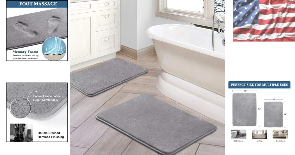 Juego de alfombrillas de baño aterciopeladas contemporáneas - Paquete de 2 alfombras antideslizantes de espuma viscoelástica suave, grises Foto 2 de 4