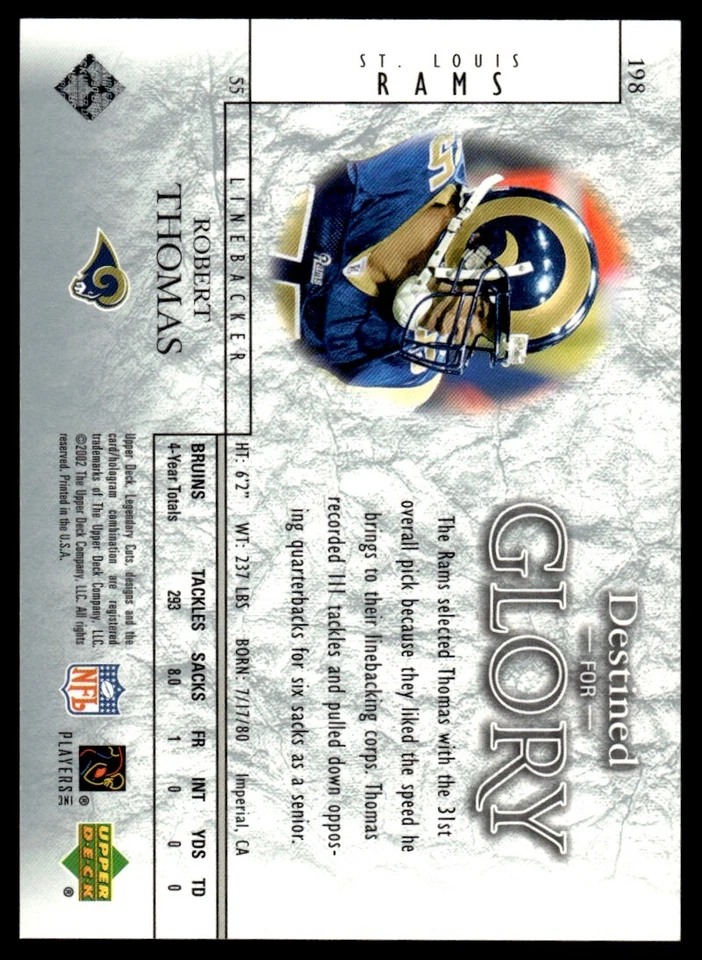 2002 SP Legendary Cuts Robert Thomas Rookie 0343/1100 St. Louis Rams #198 - Image 2 of 2