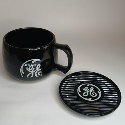 VTG GE General Electric Black Hard Plastic Coffee Mug Lid/Coaster USA HTF Rare