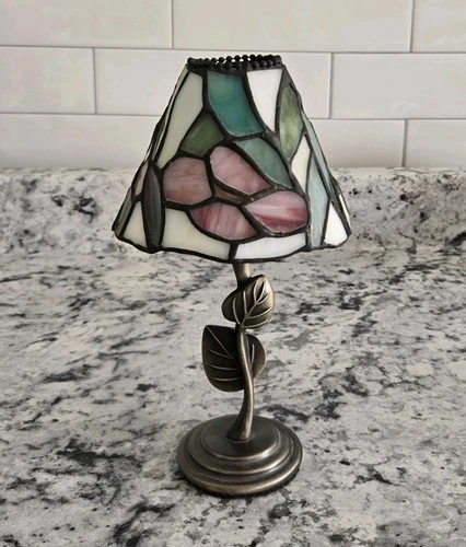 Vintage Stained Glass Tiffany Style Tea Light Votive Candleholder 9” Florals EUC