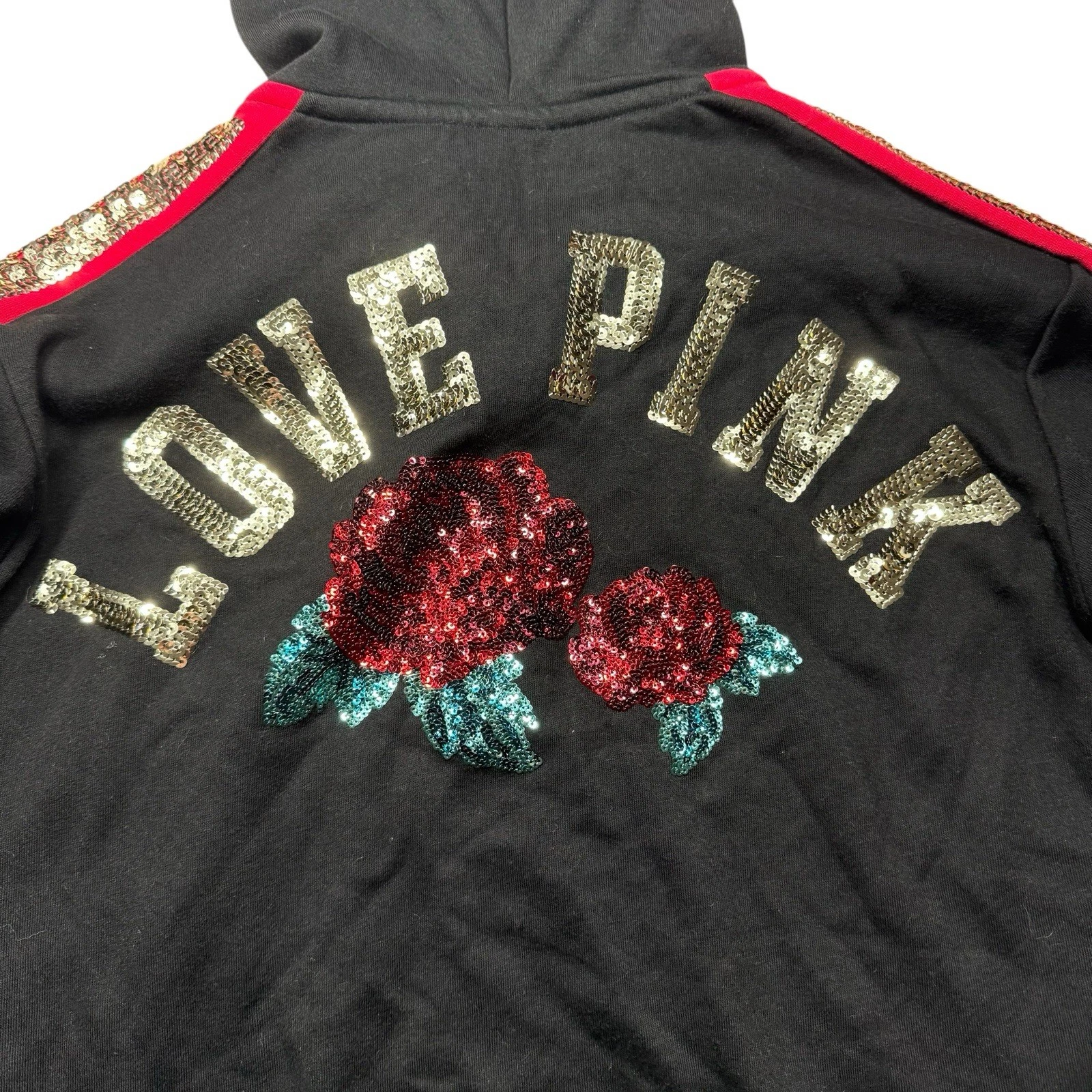 UNDERCOVER Felpa con cappuccio e paillettes Victoria Secret LOVE PINK nera rossa oro rosa Taglia XS
