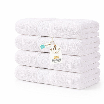 Threads+ 100% Cotton Shower Towel   Soft, 27 x 54, 600 GSM, (4 Pack White)