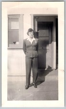 Vtg B&W Snapshot Woman In Uniform Garrison Cap Alameda Housing Project 1945