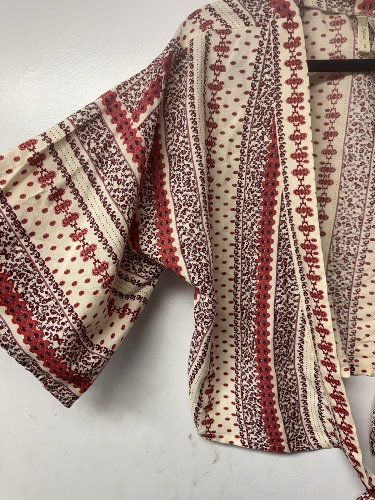 Japna Red Cream Stripe Tie Front/ Back Kimono Top S Boho Festival Crop Blouse A2 image 5