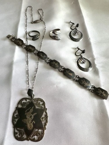 Vintage Siam Sterling Silver Set Niello Necklace Pendant Bracelet Rings E/Rs 37G
