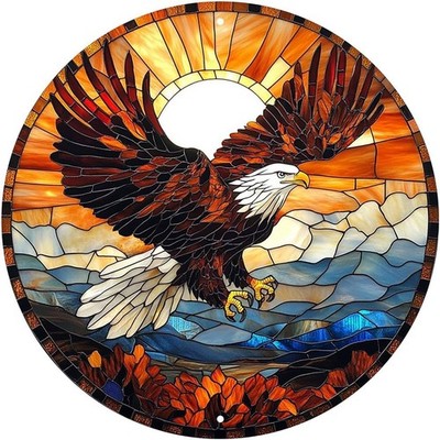 Round Bald Eagle Wreath Stained Glass Tin Metal Signs Home Décor 8x8 
