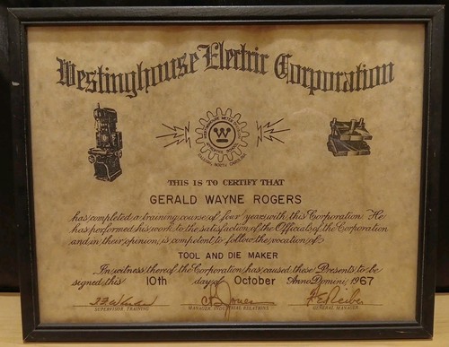 Vintage 1967 Westinghouse Employee Tool & Die Training Certificate Raleigh NC