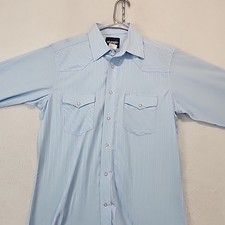Vintage Wrangler Western Cowboy Striped Pearl Snap LS Shirt Light Blue Mens Sz M