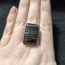 Silver Plated Brown Banded Agate Gemstone Rectangle Statement Ring - Size 8