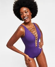 Bleu by Rod Beattie Women's Purple Haze Core-Lace-Down Mio One-Piece Swimsuit, 4
