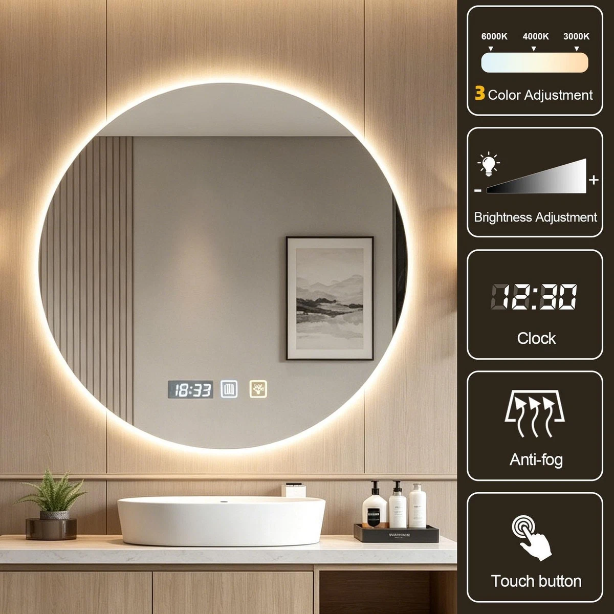 LED Badspiegel 60x60 cm Anti-Beschlag dimmbar 3 Farbtemperaturen IP44 Touch Uhr