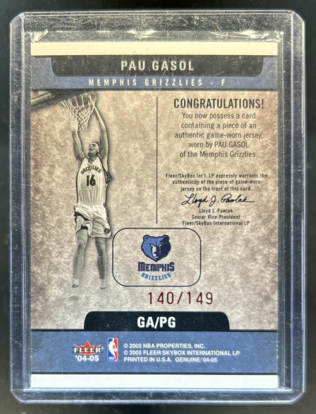 2004-05 Fleer Genuine Pau Gasol Article Game Used 149 Jersey #/149 Grizzlies view 2
