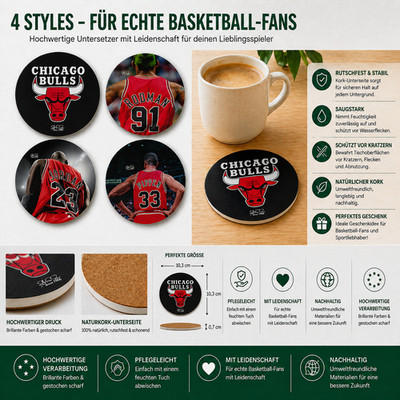 4 Stk. Getränke Untersetzer Set Keramik/Kork | 10cm |  NBA Chicago Bulls Stil