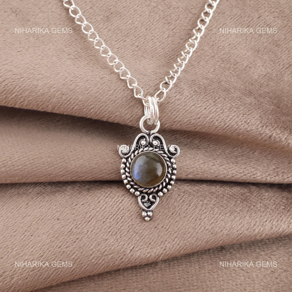 Sterling Silber Runde Labradorite Edelstein Schwarz Freitag Geburtstag Anhänger - Bild 3 von 4