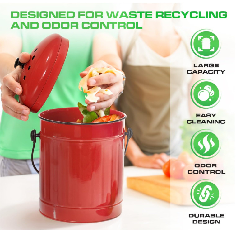 Countertop Compost Bin with Lid, Red 1.5 Gallon Odorless Kitchen Compost Contain