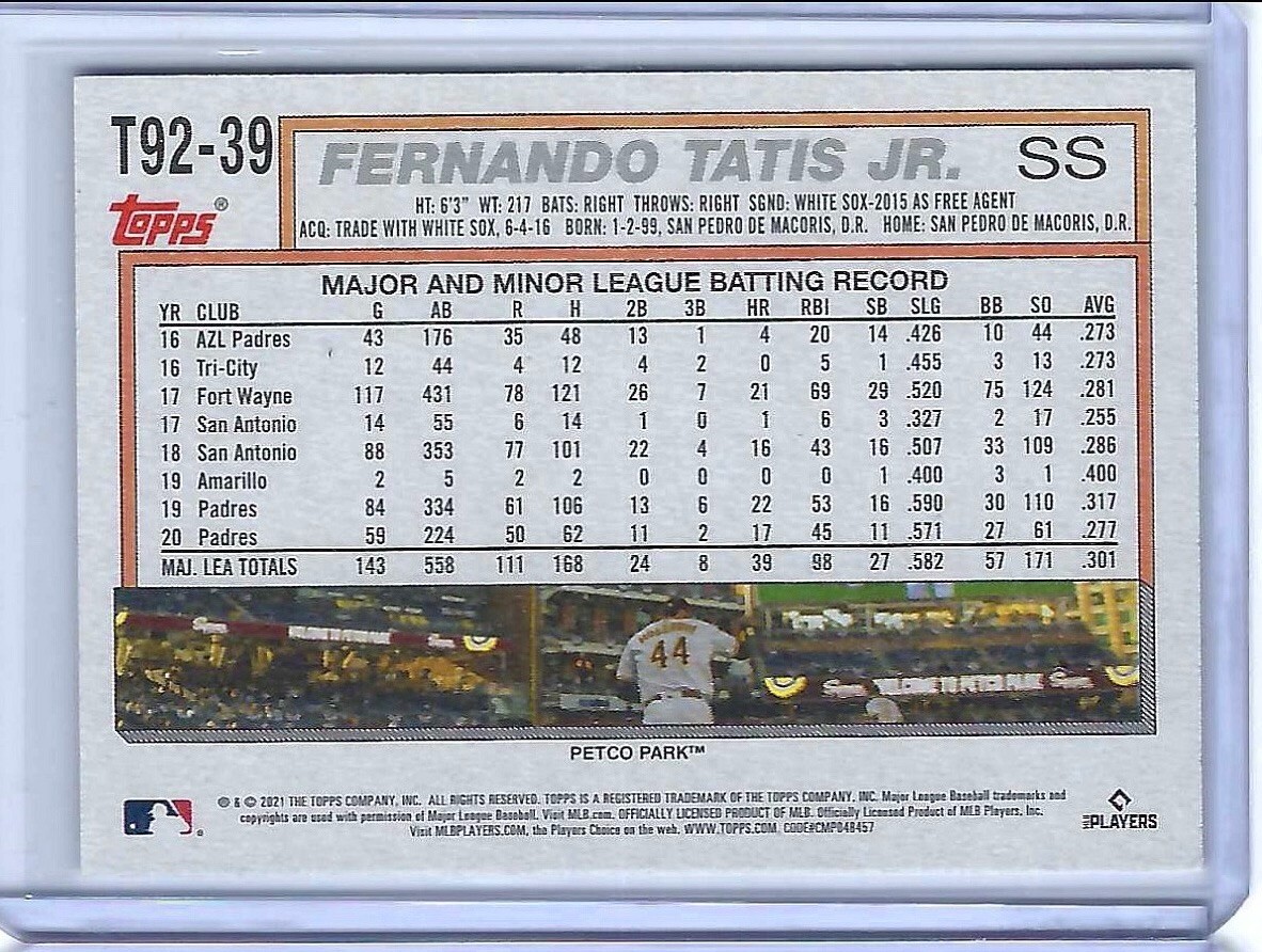 2021 Topps Update 1992 Redux Fernando Tatis Jr #T92-39 Padres