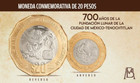 5 MONEDAS DE 20 PESOS 700 AÑOS DE LA FUNDACION LUNAR UNC LOT OF 5 MEXICAN COINS