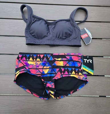 TYR Womens Solid Black Lily Top Santa Rosa Cheeky short Set Sz S