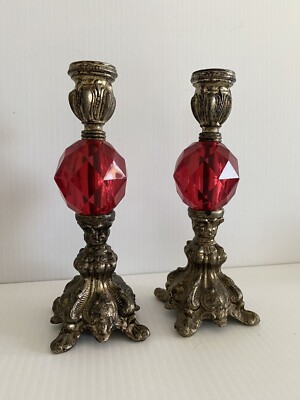 Vintage Candlesticks Gold Metal Pair of Candle Holders With Red Lucite Balls