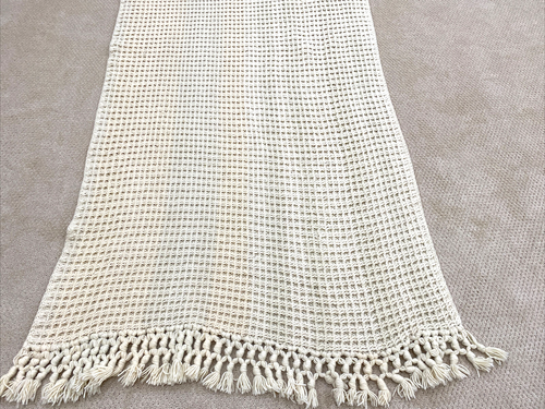 Handmade Waffle Weave Afghan Blanket Throw Ivory Natural Oatmeal 92" X 41" Fring - Picture 7 of 11