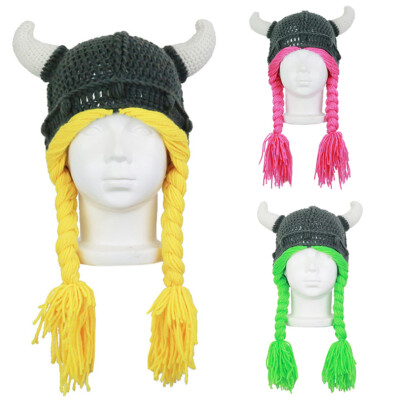 Kids Viking Horn Hat with Braids For Girls 2~7T Viking Helmet Beanie Knit Winter