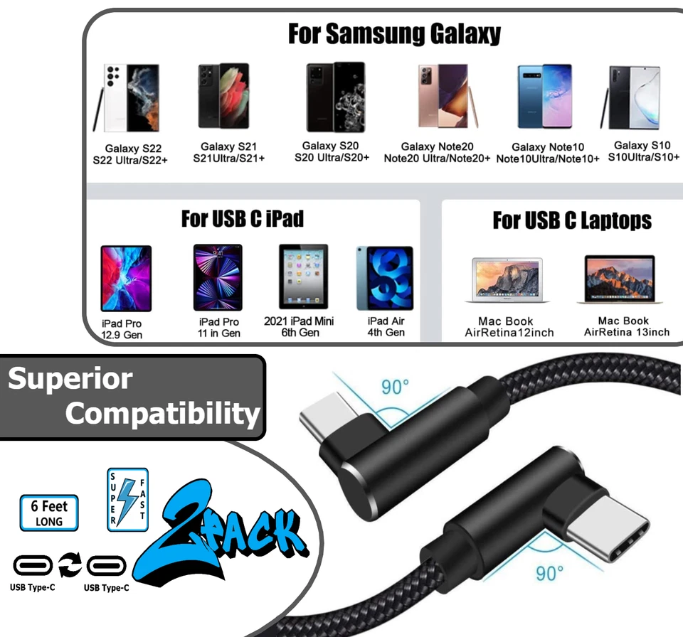 2 Pack 6ft C Fast Charger Cable USB Cord 90 Degree Nylon Fabric Adapter Cord Kit - Image 2 of 4