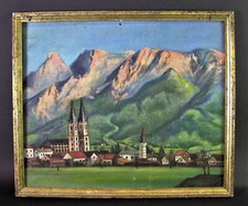 - altes Ölgemälde - ALPEN BERGDORF mit markanter Kirche - St. Johann i. Pongau