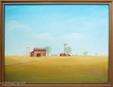 Beautiful Vintage Naive Oil Painting of Farm Landscape Red Barn by Jane C Porter